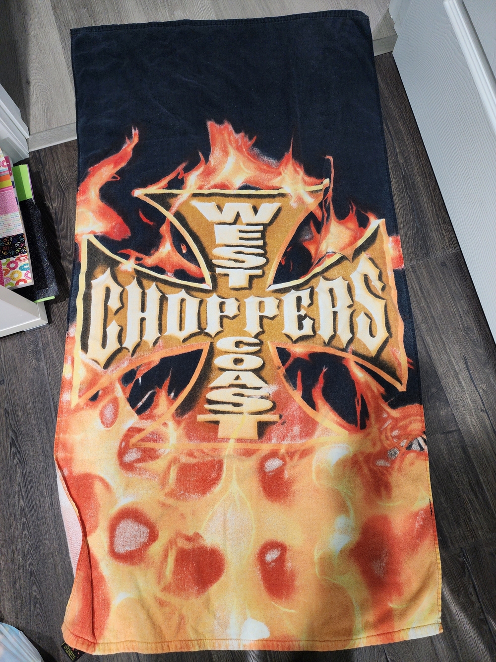 Vintage 2004 West Coast Choppers Flame Iron Cross Beach Towel Black Orange